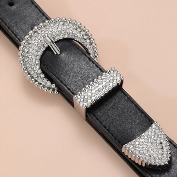 Vegan Black Leather Rhinestone Round Buckle Belt - Picture 3 of 7